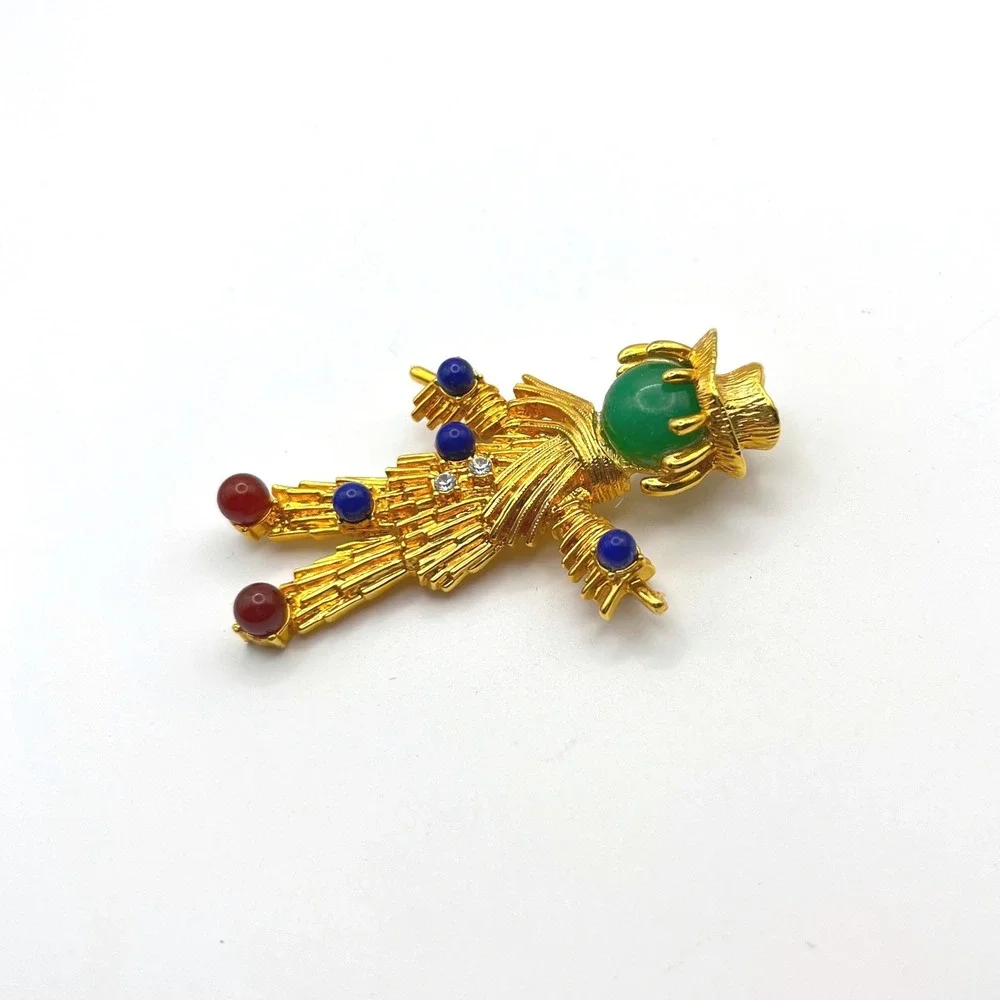 JBK Camrose & Kross Scarecrow Brooch Gold‎ Tone Green Cabochon Crystal Accent